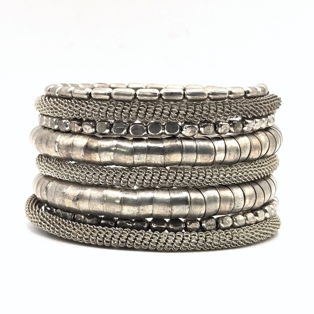 Silver Tone Multi Strand Coil Wrap Bracelet Stacked Mixed Metal Bead Boho
